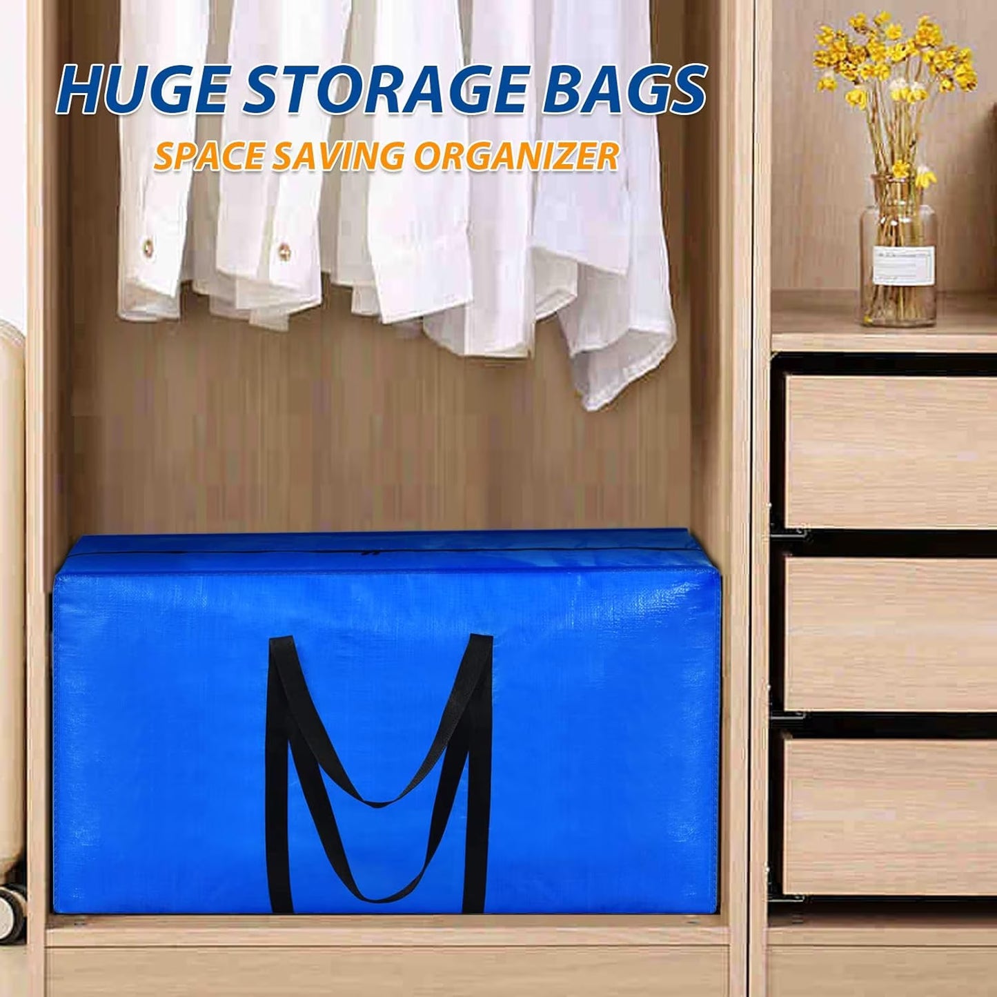 Onekawa 4 Pack Extra Large Moving Bags with Zippers & Carrying Handles,Storage Totes For Space Saving,Alternative to Moving Boxes,Blue