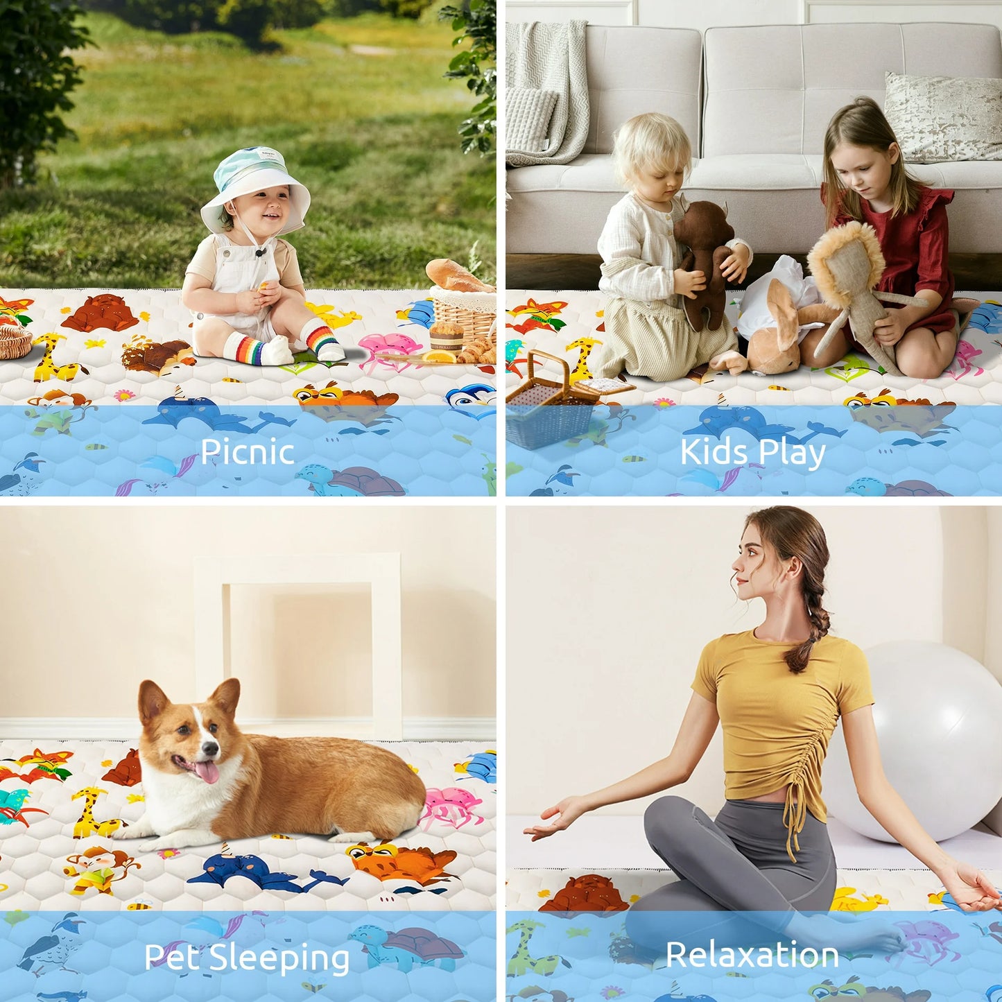 Baby Play Mat, 50" X 50" Tummy Time Mat with Soft Touch, Foldable Thick Activity Mat with Anti-Slip for Babies and Toddlers, Machine Washable Crawling Mat for Floor & Picnic - Animal