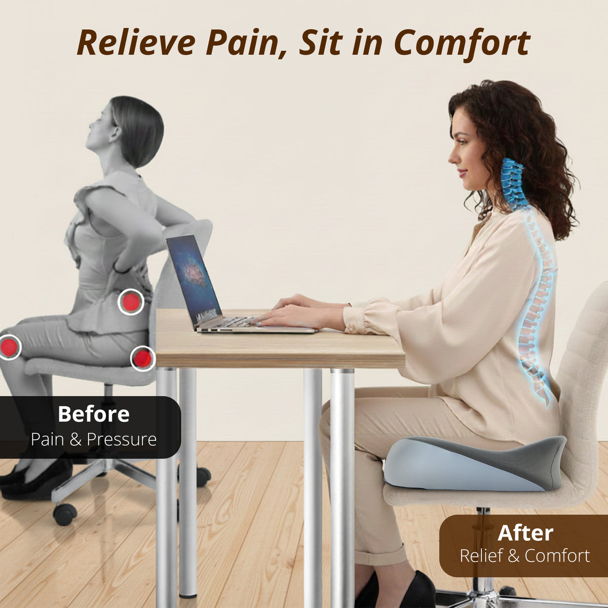 KAIPARA Seat Cushions for Office Chairs, Ergonomic Memory Foam Chair Cushions for Sciatica, Tailbone Pain Relief Support Pillow, Car Seat Cushion