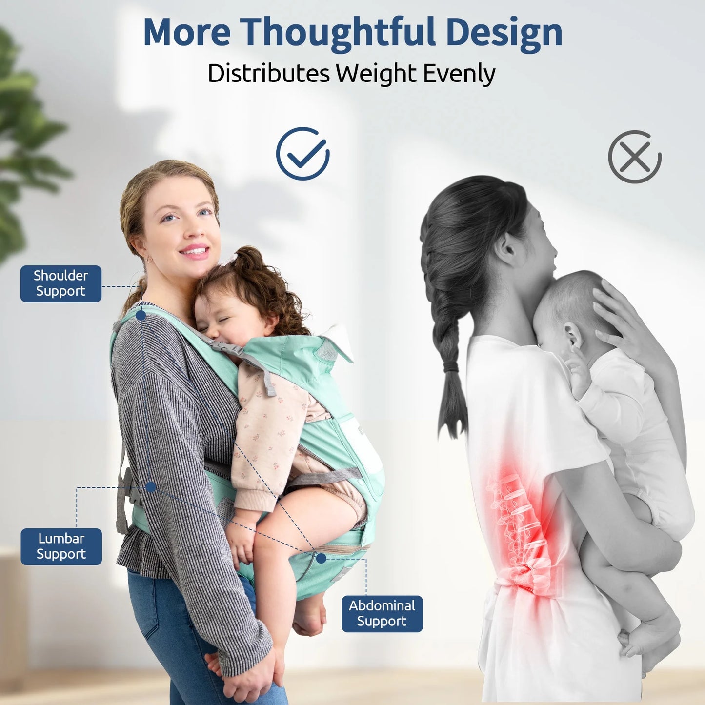 MOONORAH Baby Carrier with Hip Seat, Ergonomic M Position 6 in 1 Baby Wraps Carrier Adjustable Holder Newborn to Toddler with Head Support and Breathable Mesh Green