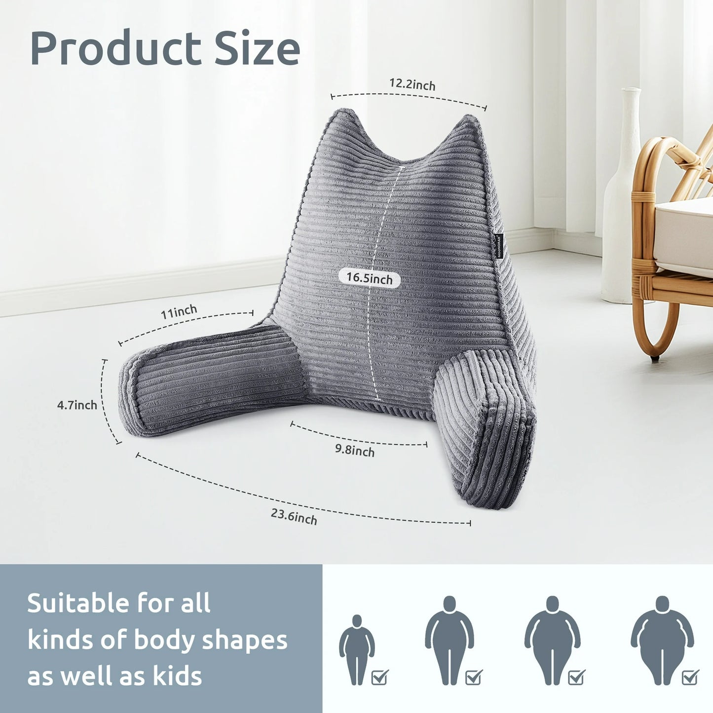 MOONORAH Backrest Reading Pillow with Arms Back Support for Sitting Up in Bed, Back Pillow with Shredded Memory Foam for Adult - Gray