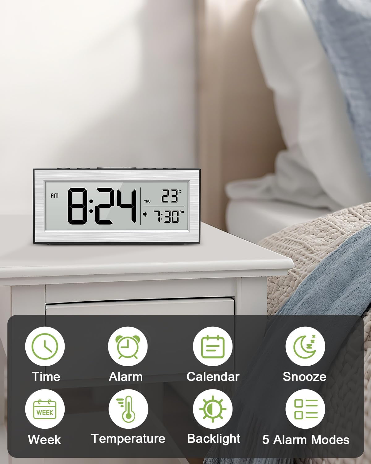 Onekawa Battery Powered Alarm Clocks, Travel Alarm Clock with LCD Display, 12/24H, 5-Min Snooze, Bedside Clock with Auto Dimming Function and Working Mode, Suitable for Bedroom, Office, Travel