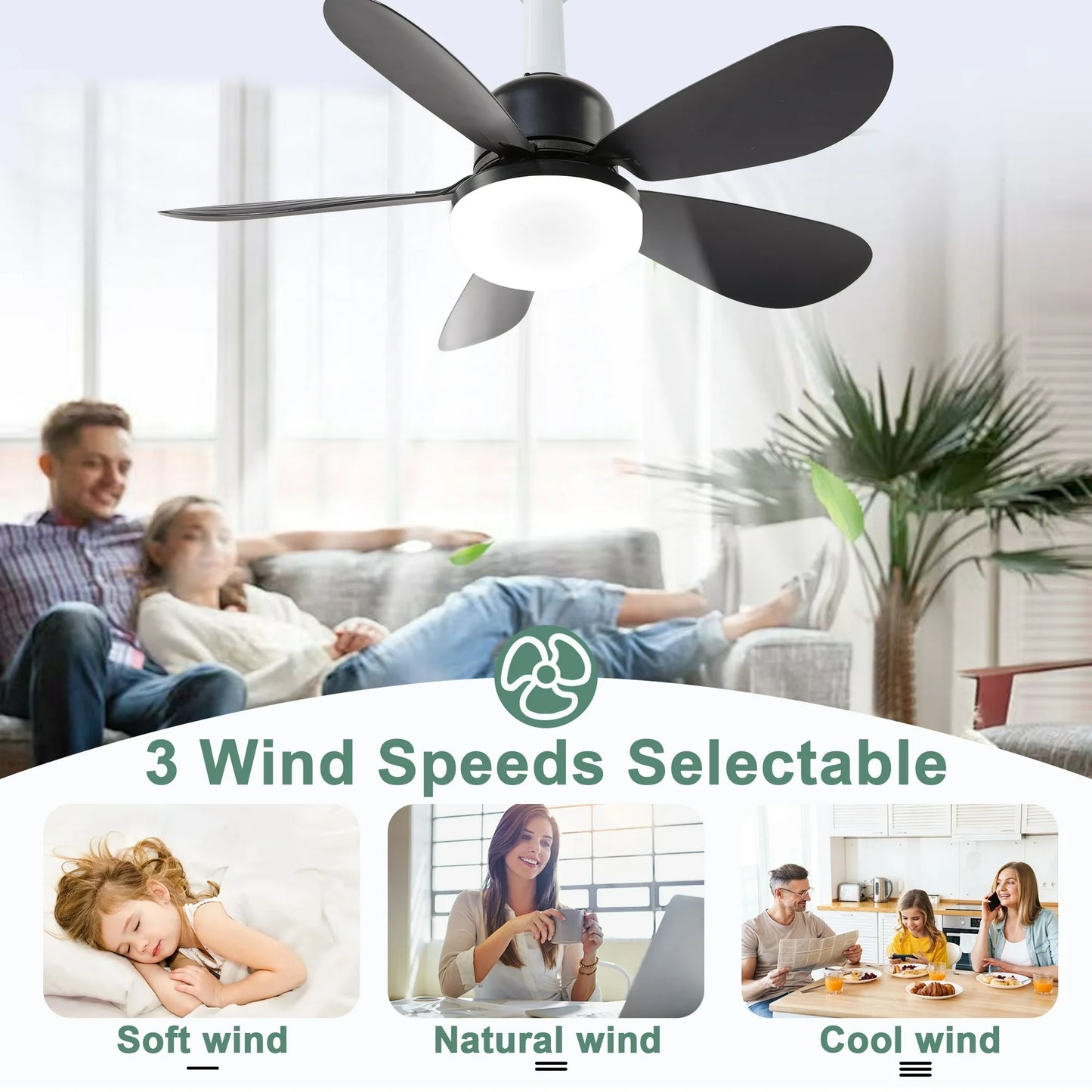 LOFTER-Pro Ceiling Fans with Lights, 20.5 inch Low Profile Ceiling Fan and Remote Control Modern Flush Mount Black Ceiling Fans, Dimmable 3 Colors ,3 Speeds, 5 Blades for Bedroom, Kitchen, Patios