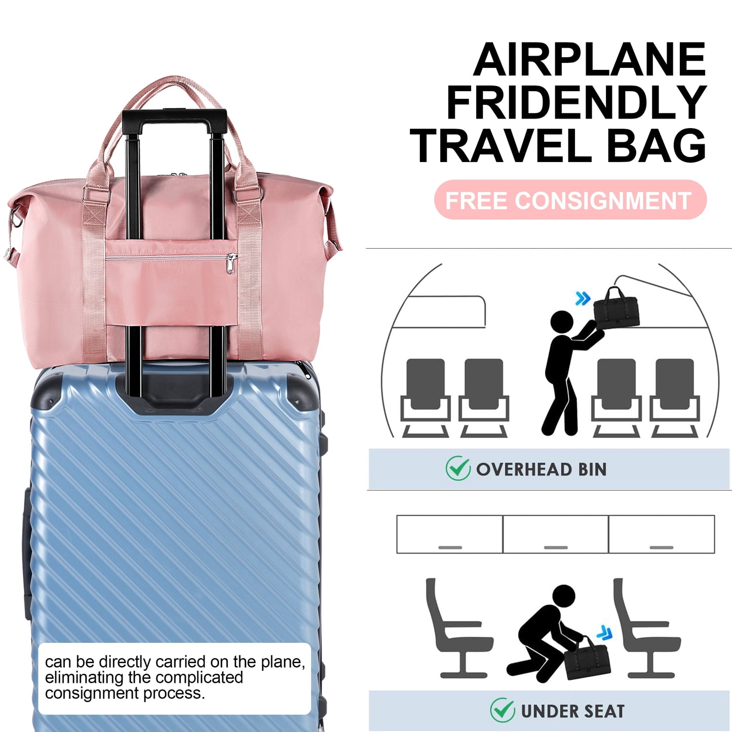 WANALIT Waterproof Duffel Bag for Gym and Travel, Weekender Carry On with Wet Dry Compartment, Luggage Sleeve, Airplane Approved (Pink)