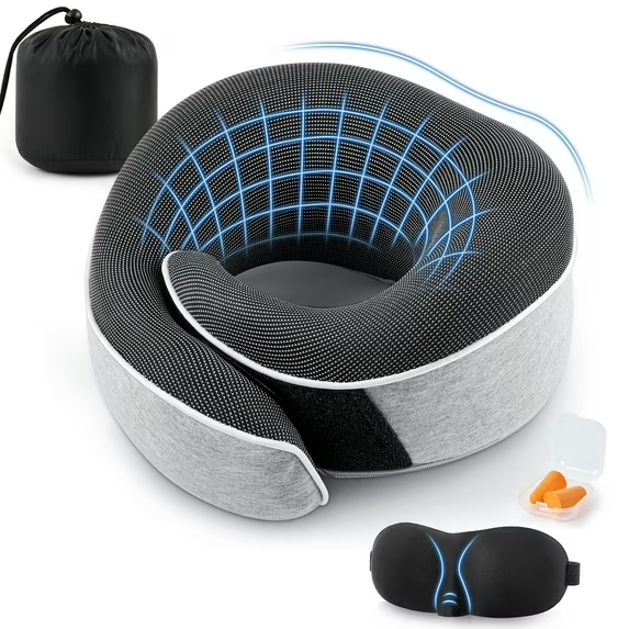 MOONORAH Neck Pillows for Airplanes,100% Pure Memory Foam Travel Neck Pillow,360° Head Support with 3D Contoured Eye Masks, Earplugs, and Luxury Bag,Grey