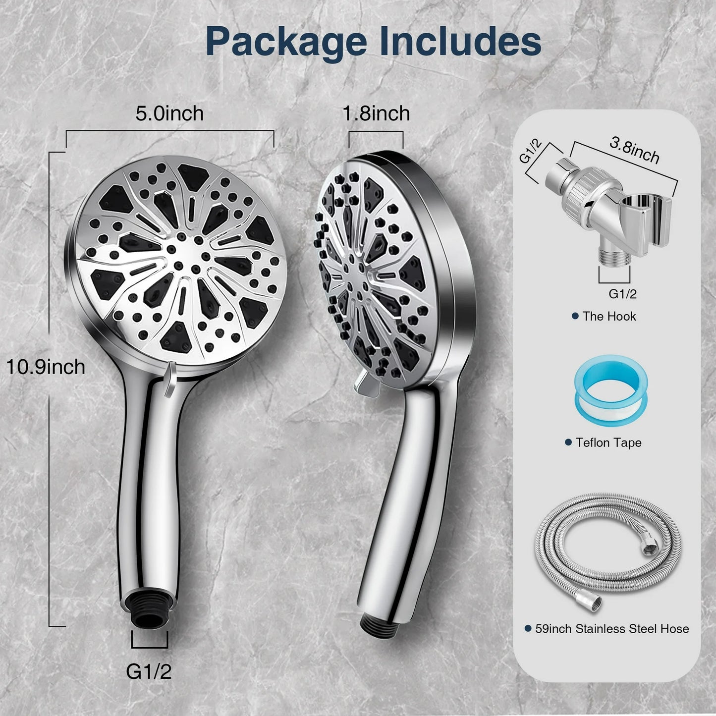 MOONORAH Shower Head, High Pressure Shower Head with 10 Spray Settings, Filtered Shower Head with 59" Stainless Steel Hose and Shower Stand, Drill-Free Design, Silver