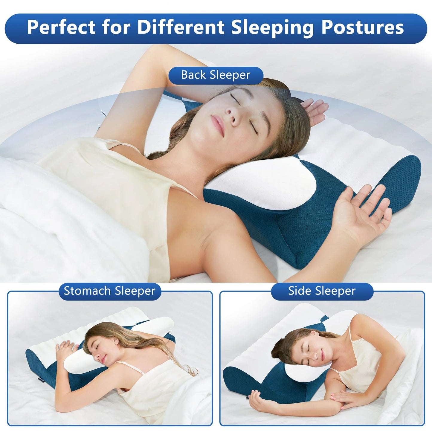 DONAMA Cervical Neck Pillow for Pain Relief Sleeping,Memory Foam Pillow with Breathable Pillowcase,Orthopedic Ergonomic Contoured Support for Side,Back and Stomach,Queen Size 23.62"×14.17"×4.72" Blue