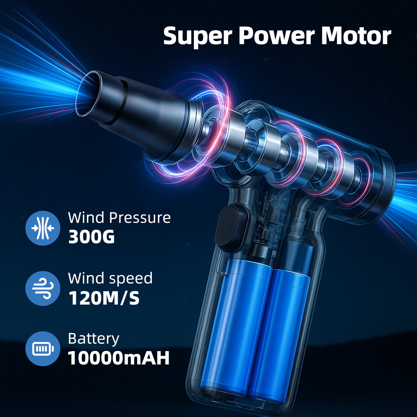 KAIPARA Electric Air Duster 51000RPM - Cordless Rechargeable Air Blower with 6000mAh Battery, 3-Speed Adjustable, LED Light for Keyboard, Car, Electronics - Replaceable Inflatable Nozzle-Black