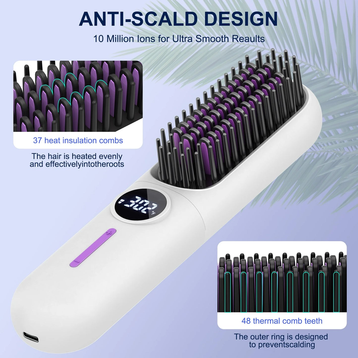 MOONORAH Cordless Hair Straightener Brush with Anion for Women, Electric Portable Ceramic Hot Straightening Comb for Travel with LCD Display & Hair Clips, Fast USB Rechargeable, Anti-Scald, White