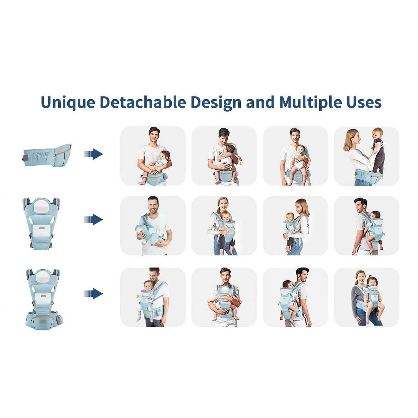 MOONORAH Baby Carrier with Hip Seat, Ergonomic M Position 6 in 1 Baby Wraps Carrier Adjustable Holder Newborn to Toddler with Head Support and Breathable Mesh Blue