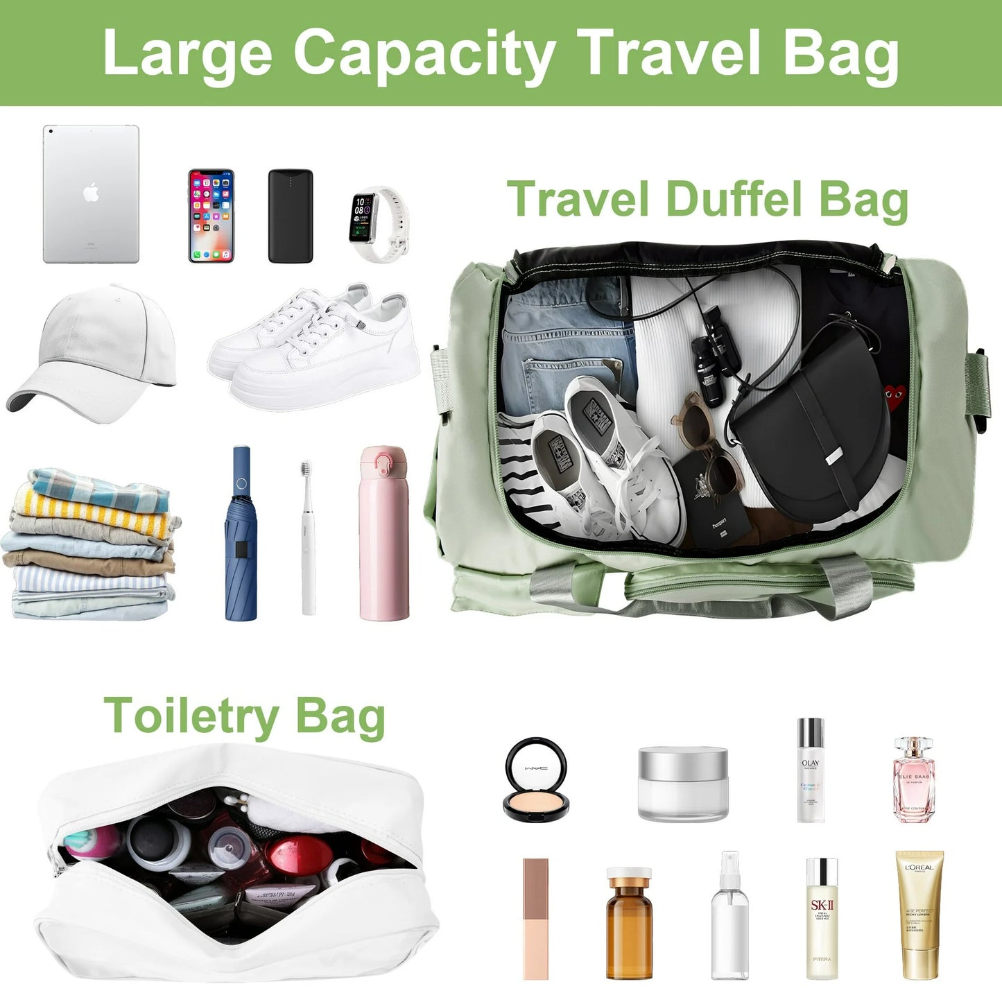 Onekawa Gym Bag 35L for Men & Women -Travel Duffel Bag , Waterproof Sports Duffel Bag with Toiletry Bag, Foldable Travel Backpack for Camping, Yoga, Weekend Trips - Green