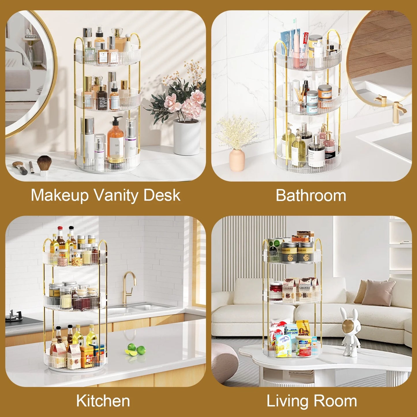 360° Rotating Makeup Organizer, Bathroom Makeup Holder, 3 Tiers Large Capacity Storage Shelf, Clear
