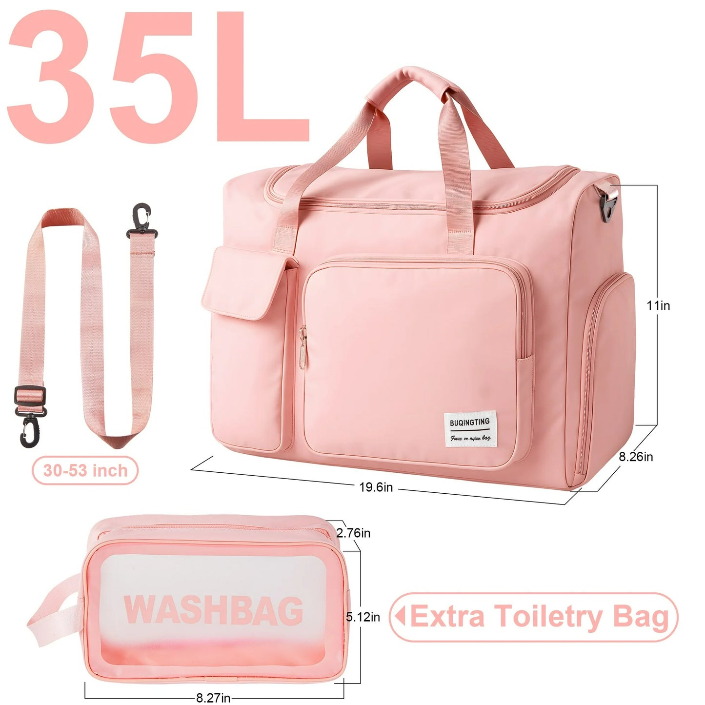 Onekawa Gym Bag 35L for Men & Women -Travel Duffel Bag , Waterproof Sports Duffel Bag with Toiletry Bag, Foldable Travel Backpack for Camping, Yoga, Weekend Trips - Pink
