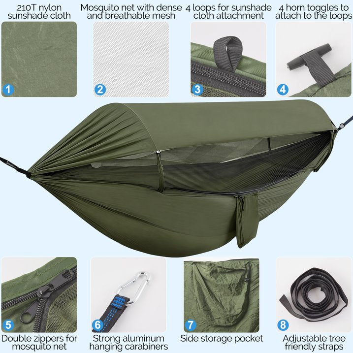 MOONORAH Portable Camping Hammock with Sun Shade Canopy, Lightweight Breathable Hammock with Storage Bag (Olive Green)