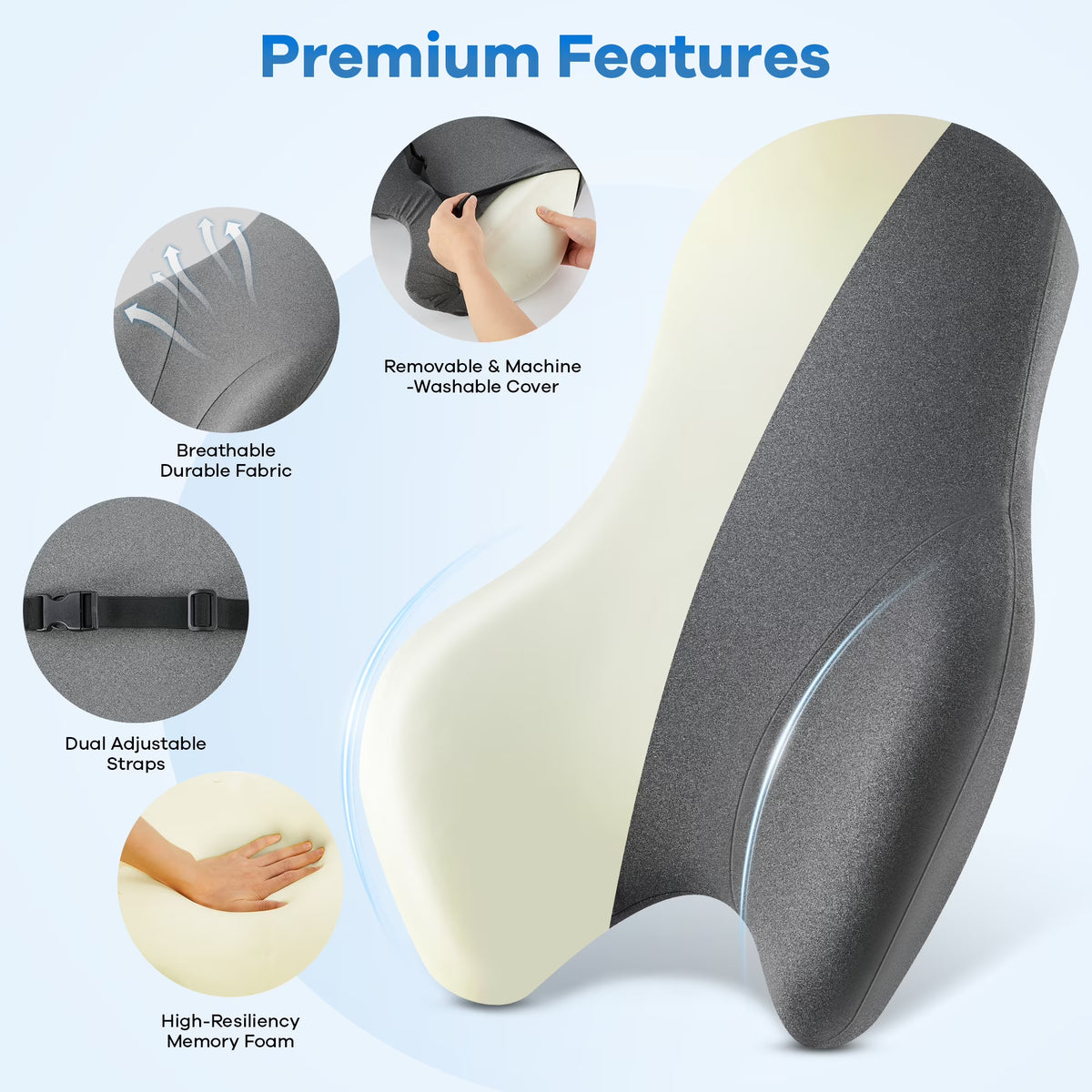 Kaipara Memory Foam Lumbar Support Pillow - Ergonomic Back Cushion - Gray