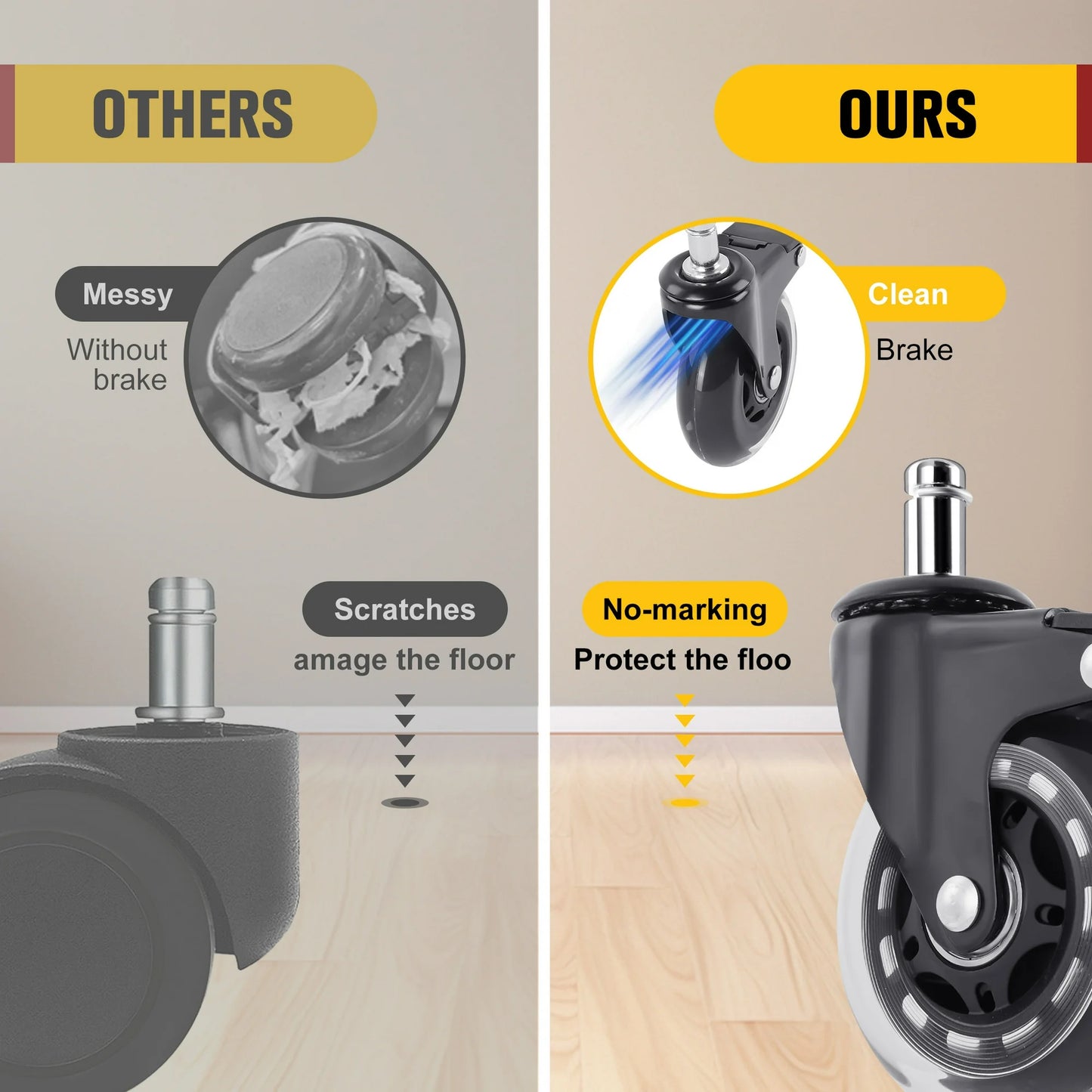 Onekawa Office Chair Wheels,3" Caster with Locking-Brake for Hardwood Floors & Carpet,Quiet Rolling Casters,5Pack,Black