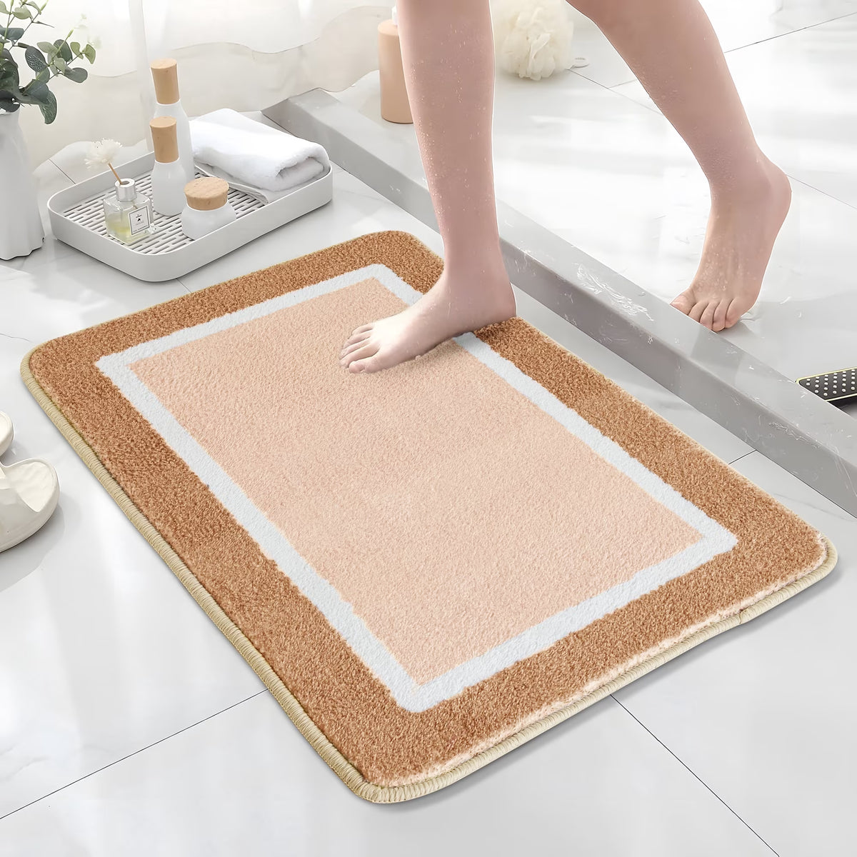 Onekawa Bath Mat - Soft Absorbent Microfiber, Non Slip - 16" x 24", Brown