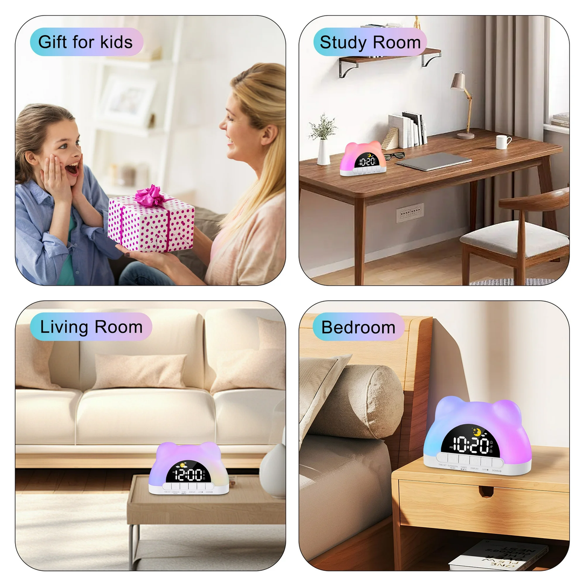 Onekawa Cute Alarm Clock for Kids Digital Alarm Clock for Girls Sleep Training Alarm Clock with 3 Brightness Levels 10 Melodies, Perfect Bedroom Alarm Clock