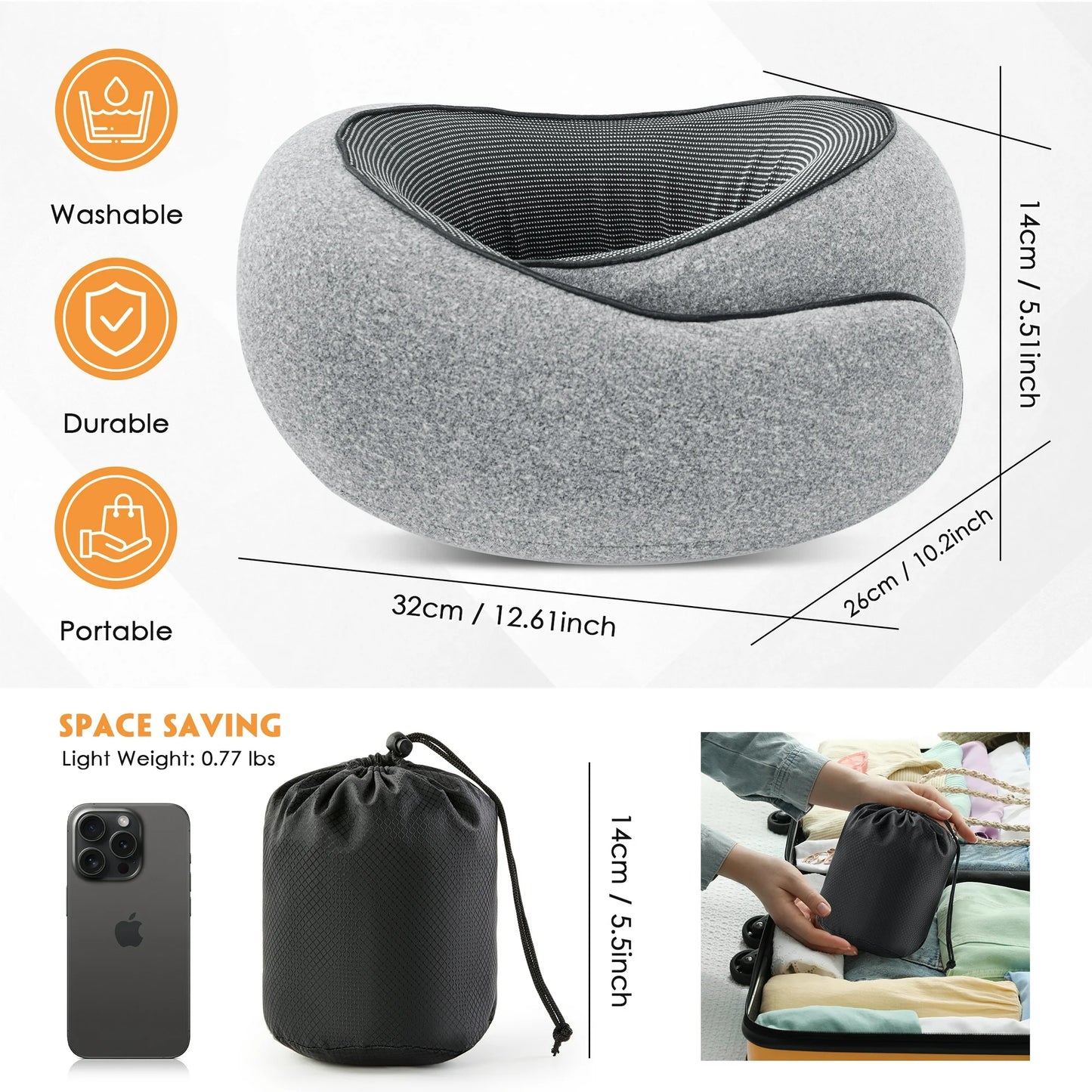 MOONORAH Travel Pillows for Airplanes, Travel Neck Pillow Travel Pillow, 360° Support Memory Foam Travel Pillow with 3D Contoured Eye Mask, Earplugs and Storage Bag for Airplanes Offices, Cars, Gray