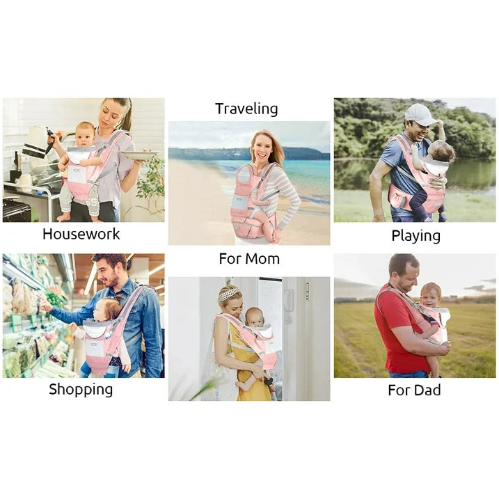 MOONORAH Baby Carrier with Hip Seat, Ergonomic M Position 6 in 1 Baby Wraps Carrier Adjustable Holder Newborn to Toddler with Head Support and Breathable Mesh Pink