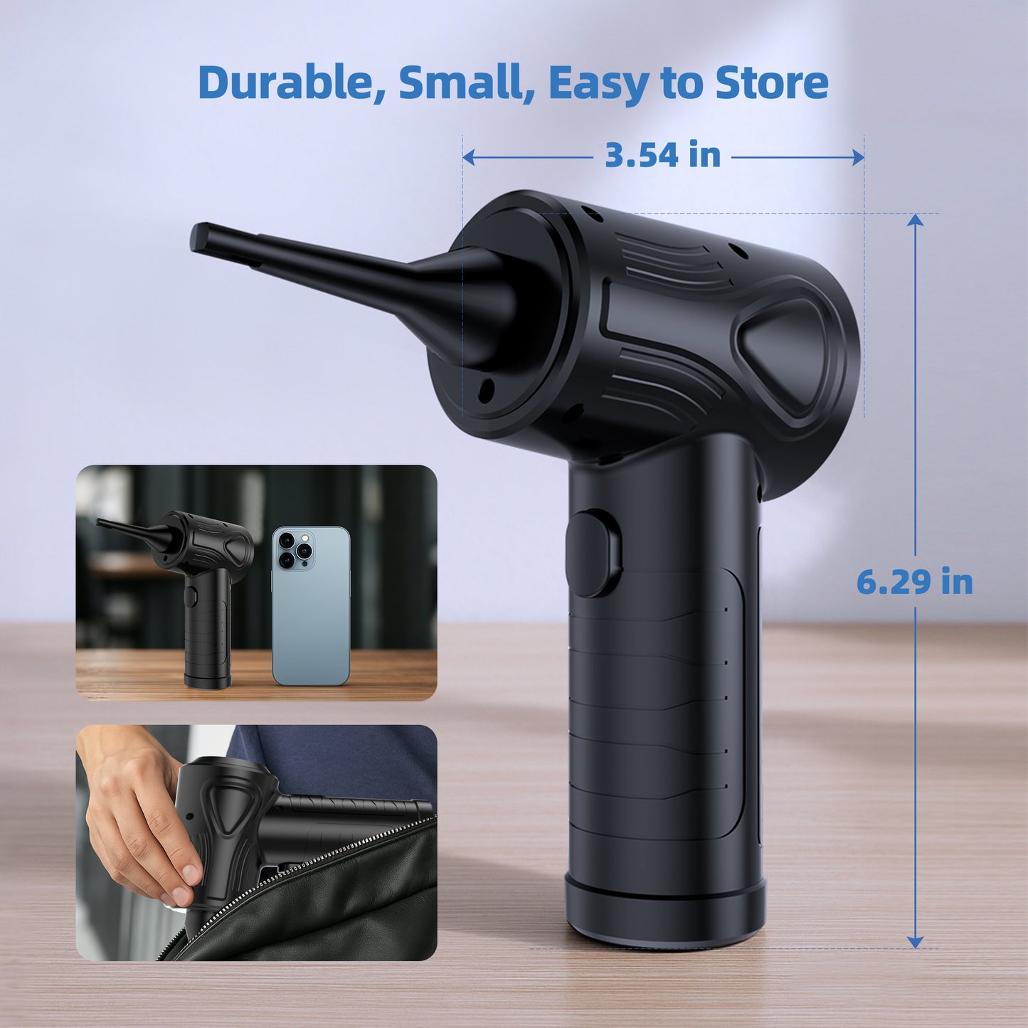 KAIPARA Electric Air Duster 51000RPM - Cordless Rechargeable Air Blower with 6000mAh Battery, 3-Speed Adjustable, LED Light for Keyboard, Car, Electronics - Replaceable Inflatable Nozzle-Black