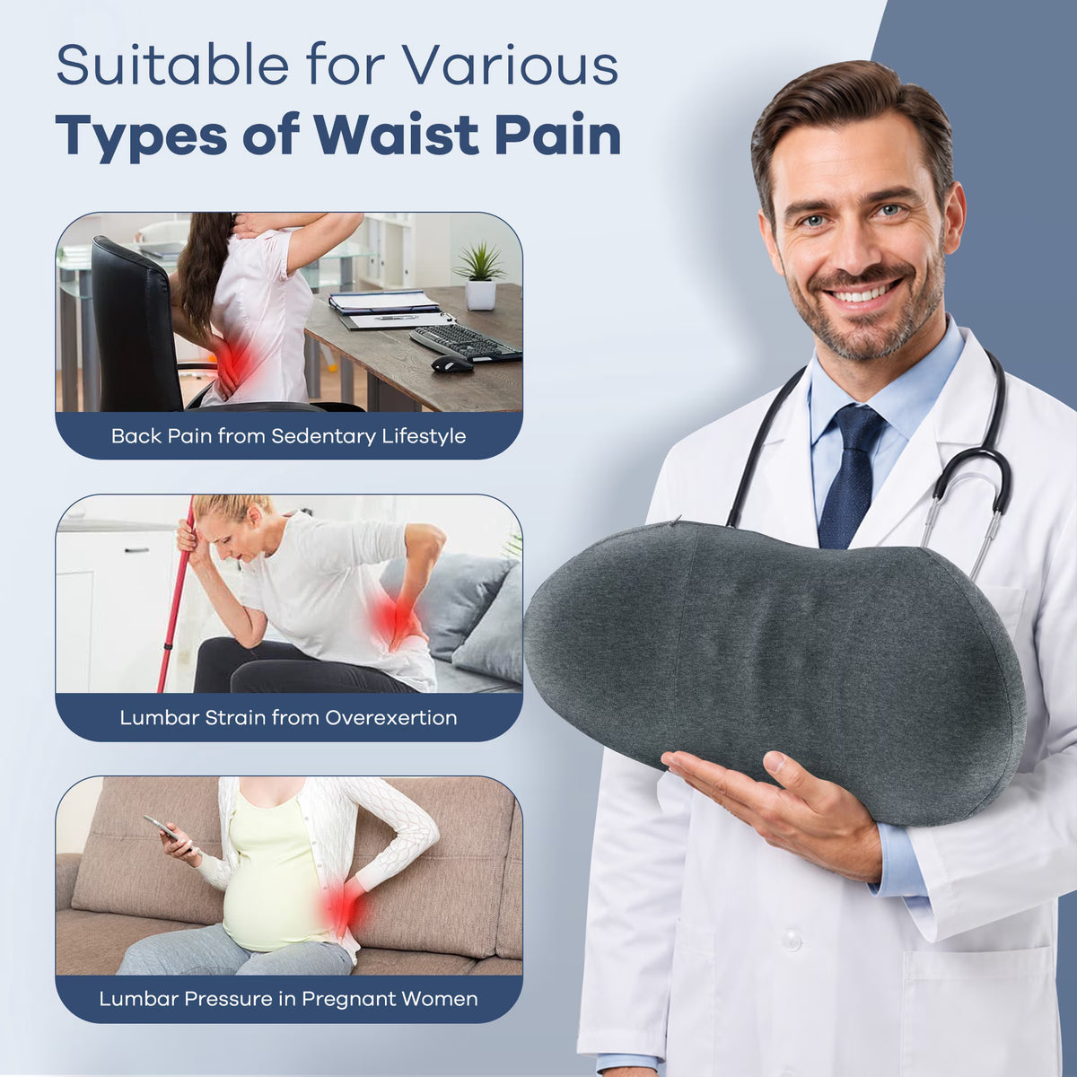 MOONORAH Memory Foam Lumbar Pillow - Support for Back Sleepers - Gray
