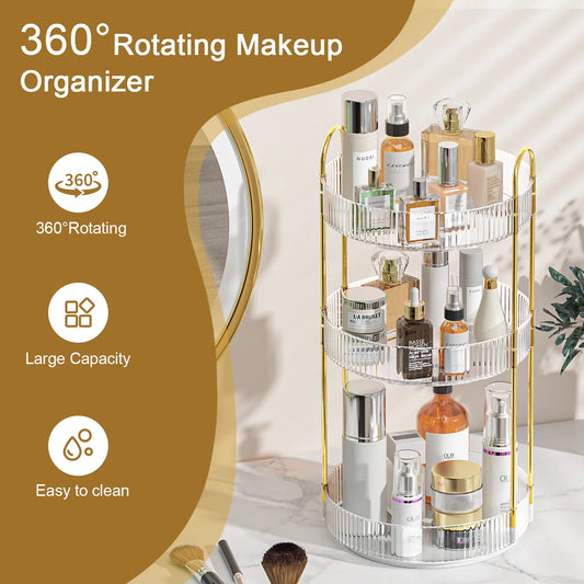 360° Rotating Makeup Organizer, Bathroom Makeup Holder, 3 Tiers Large Capacity Storage Shelf, Clear