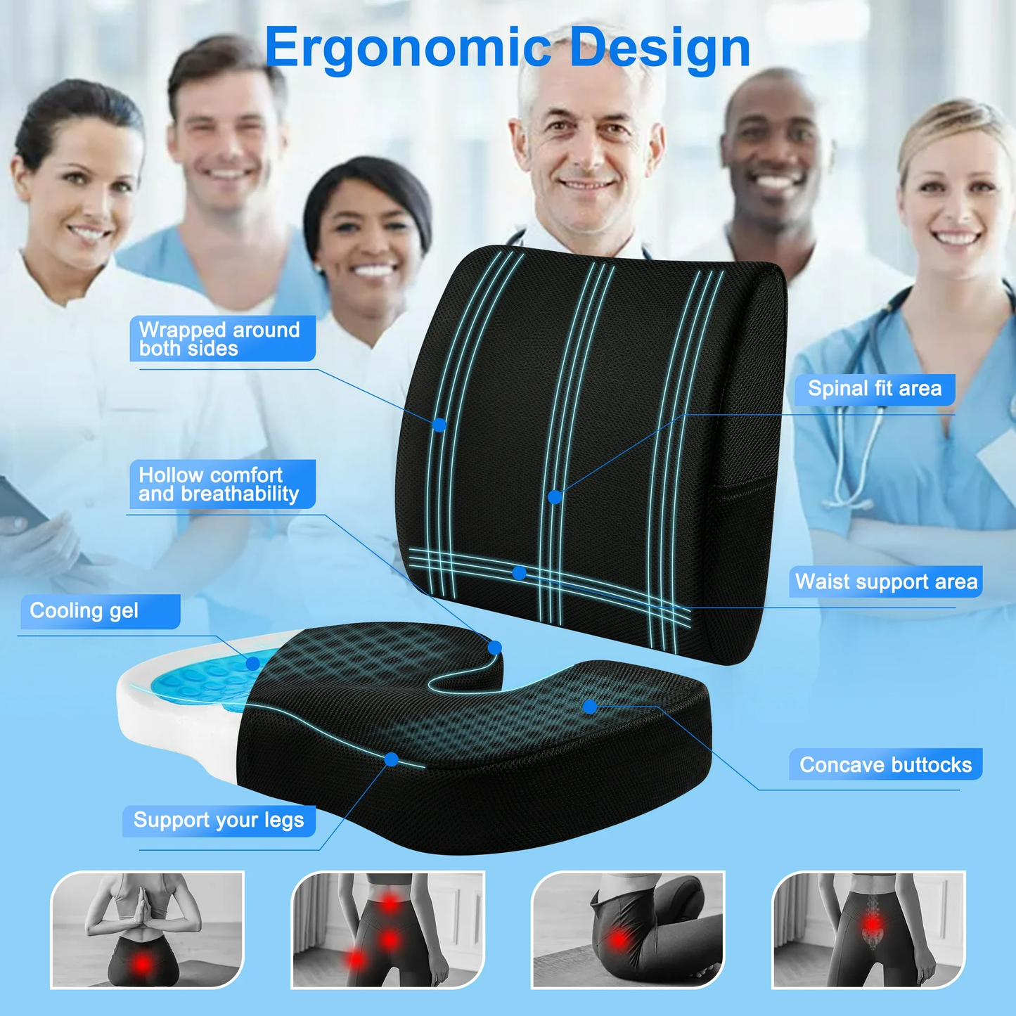 DONAMA Cooling Gel Memory Foam Chair Seat & Lumbar Cushion,Tailbone & Hip Pain Relief for Office, Black