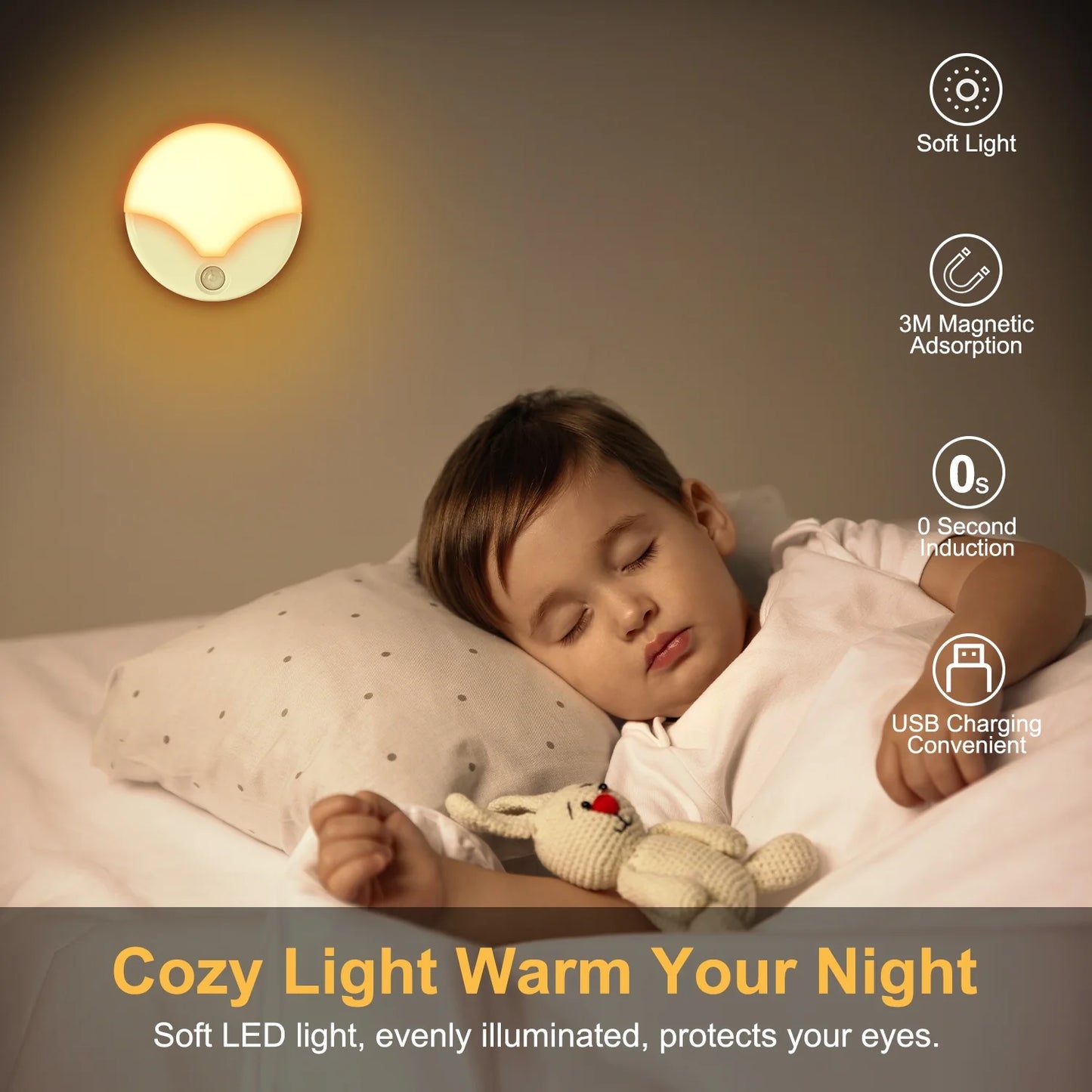 LOFTER-PRO Night Light, LED Motion Sensor Closet Lights, Wireless LED Under Cabinet Lights Stick-on Safe Night Light, Adjustable Brightness Warm White Lights for Bedroom, Kitchen, 2 Pack