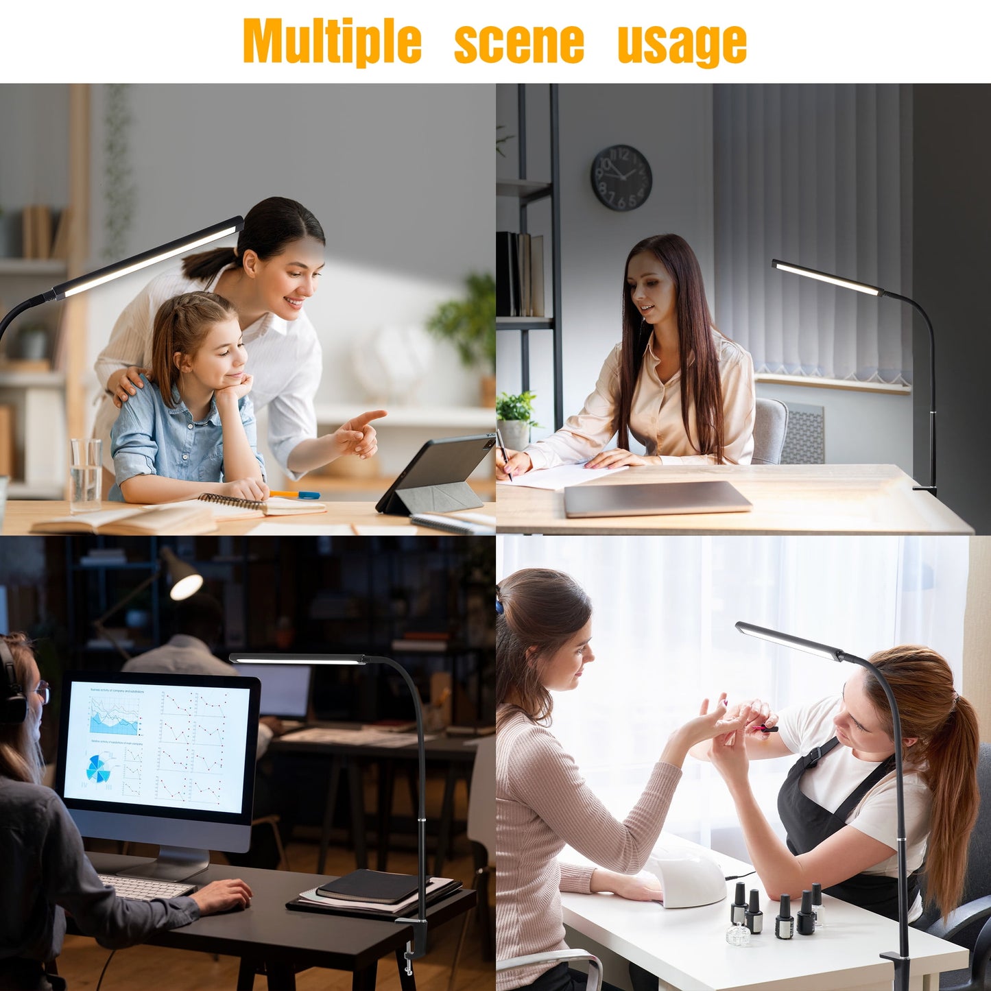 Onekawa Desk lamp with Clamp,Eye-Caring Clip on Lights,Adjustable Flexible Gooseneck Table Light for Home Office,Bed Headboard,Workbench,Black