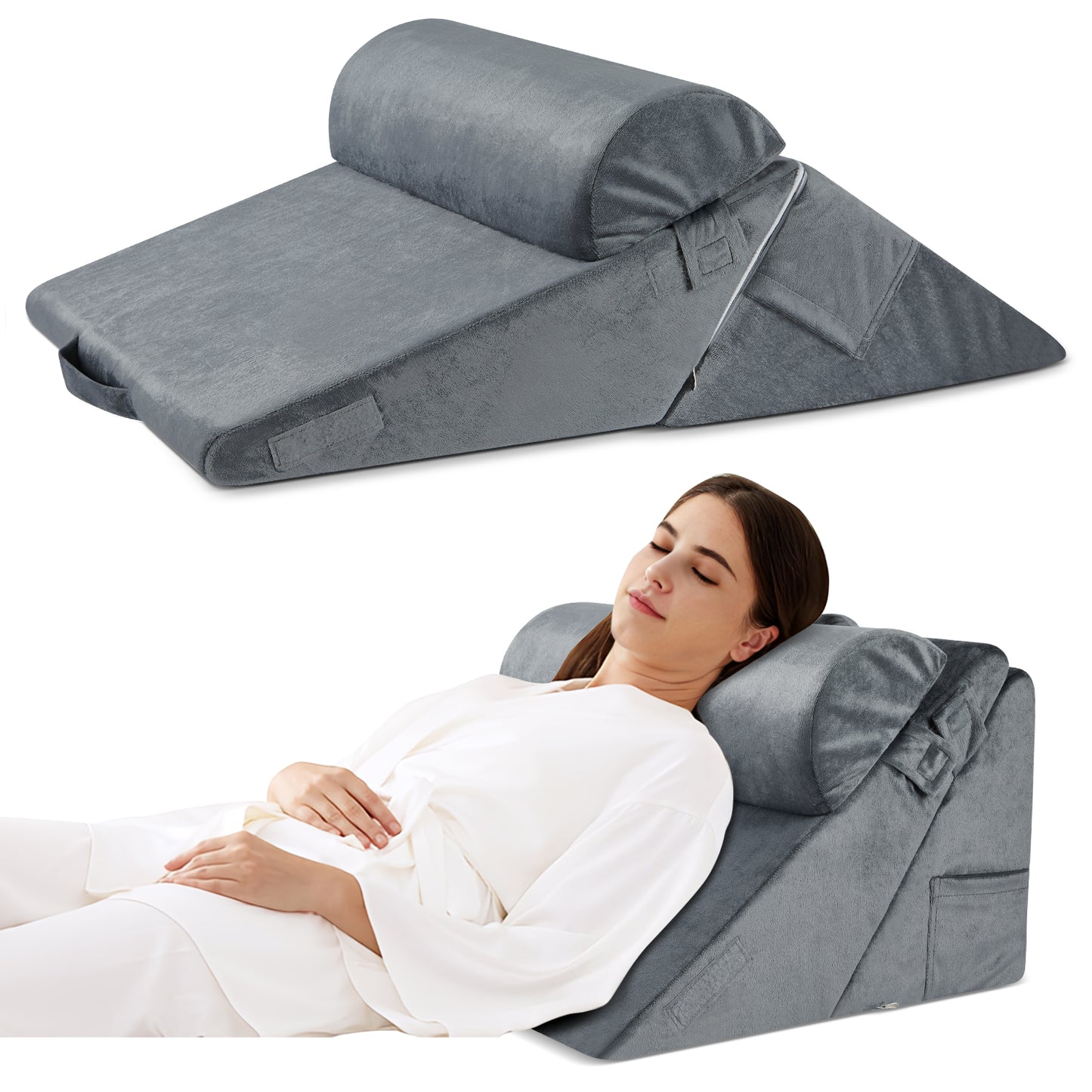 MOONORAH Wedge Pillow for Sleep Apnea, Adjustable Wedge Pillow Headboard, Bed Wedge Pillow for Acid Reflux and Back Pain Relief, Pillow Wedge for Sleeping with Neck Support Pillow, Flannel, Grey