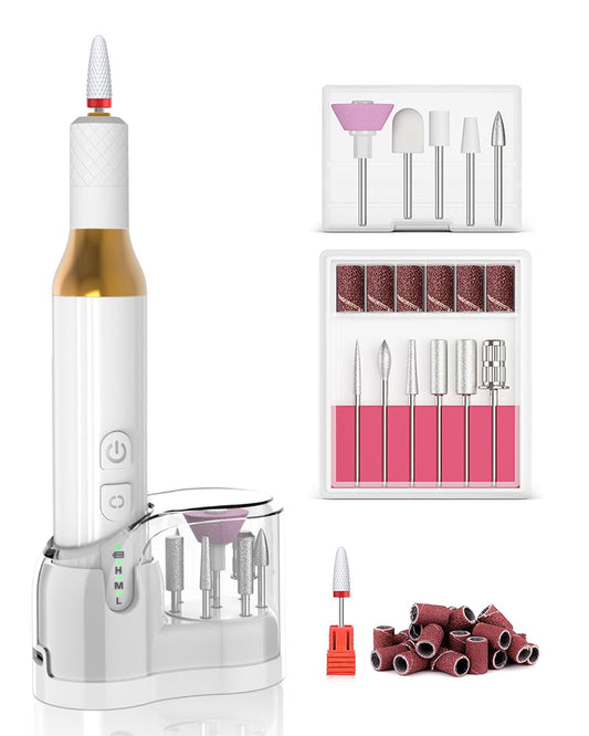 MOONORAH Electric Nail Drill Machine, Portable Cordless Nails File Set for Acrylic Gel Dip, Professional Manicure Pedicure with Bits and Base for Hand Foot Care, White