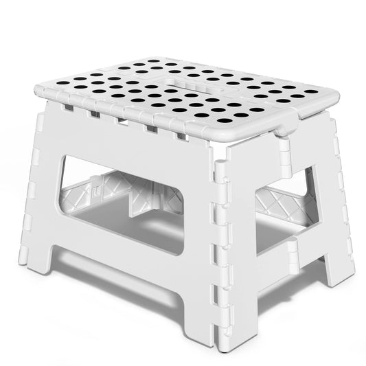 KAIPARA Folding Step Stool-9 Inch Plastic Foldable Step Stool with Portable Handle Compact,Holds Up to 331 lbs Non-Slip Polka dot Stools for Adults & Kids - White