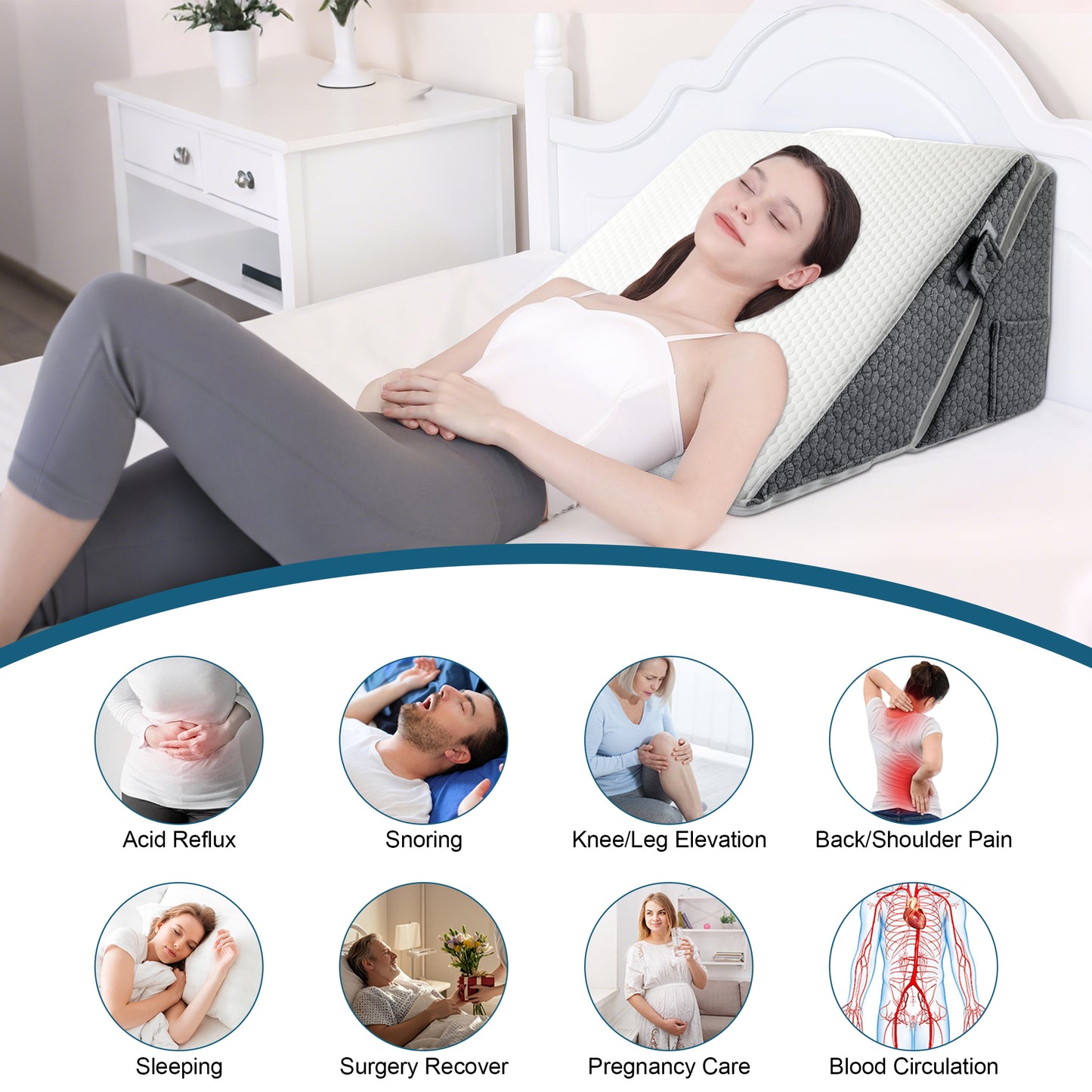 MOONORAH Bed Wedge Pillow for Sleeping, Adjustable Memory Foam with Washable Cover, Supportive Wedge for Acid Reflux, Back Pain Relief and Recovery Use - White