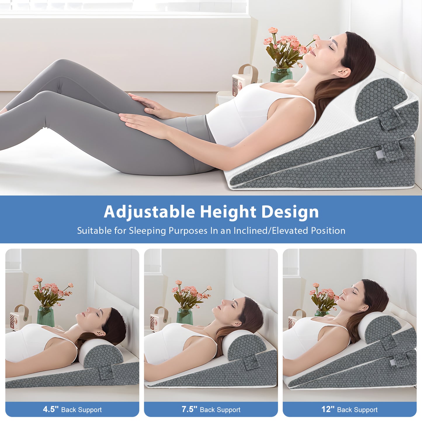 KAIPARA Cooling Wedge Pillow Set, 3-Piece Adjustable Memory Foam Bed Wedge Pillow for Sleeping - Acid Reflux, Snoring, Neck Pain and Back Pain, White and Grey