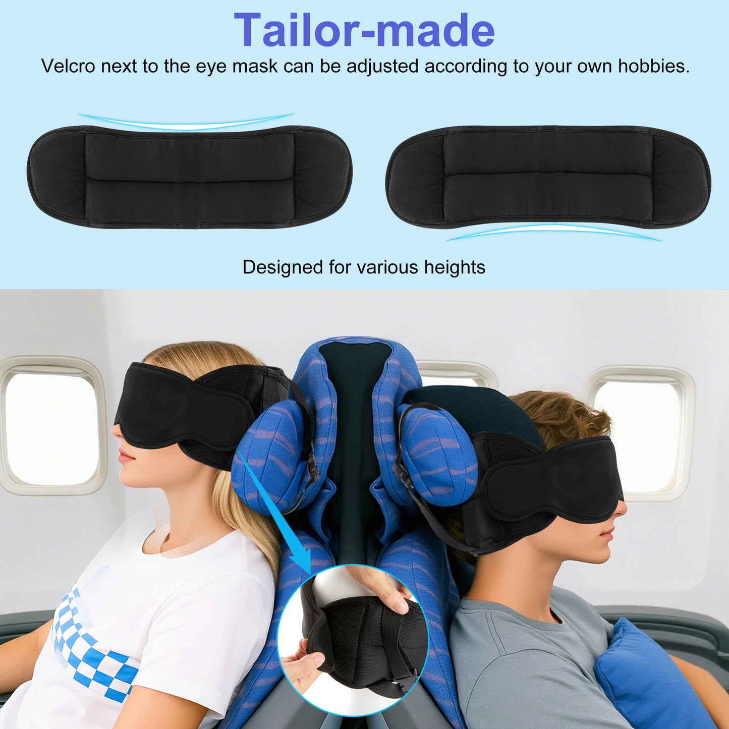 DONAMA Travel Pillow for Airplane, Neck Pillow with 3D Eye Mask & Head Support Strap - 360° Ergonomic Support for Airplanes, Flights, Car Travel -Stop Shaking Your Head ,Black