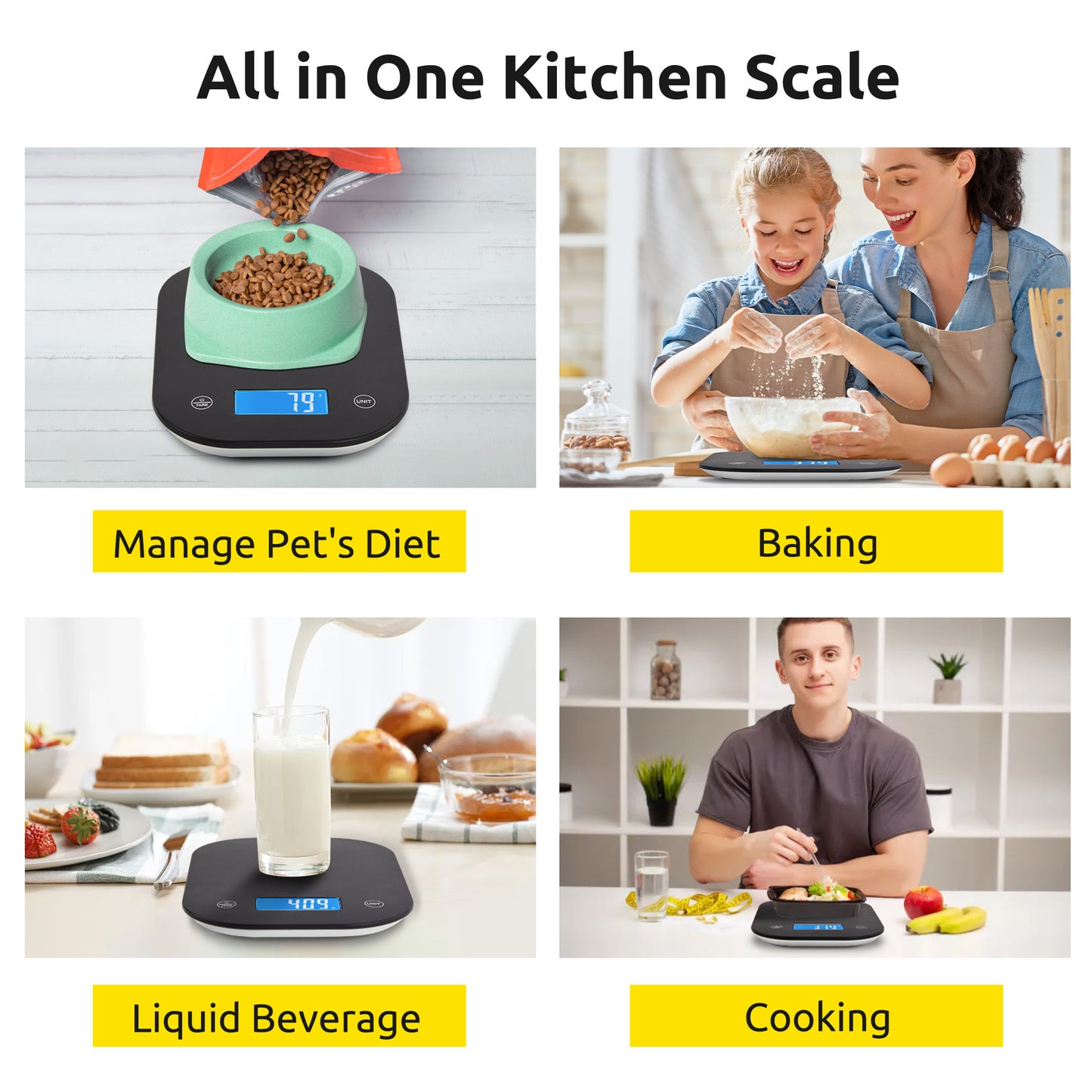 MOONORAH Digital Kitchen Scale, Food Grams Weight and Ounces Scales with Nutritional Timer, Smart App Coffee Scale for Weight Loss, Baking Cooking, Meal Prep, LCD Display, Black, 33LB/15KG