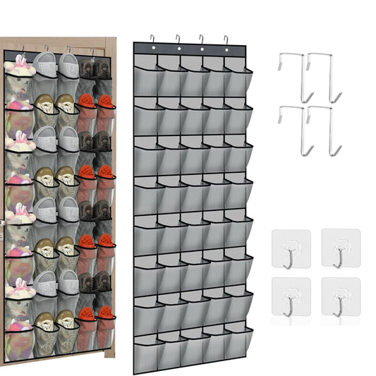Onekawa 40 Pairs Over The Door Shoe Organizer, Space Saving Hanging Shoe Rack for Closet Door with 8 Hooks, Breathable Mesh Storage Holder for Shoes, Accessories, Holds Up to 40 lbs, Gray