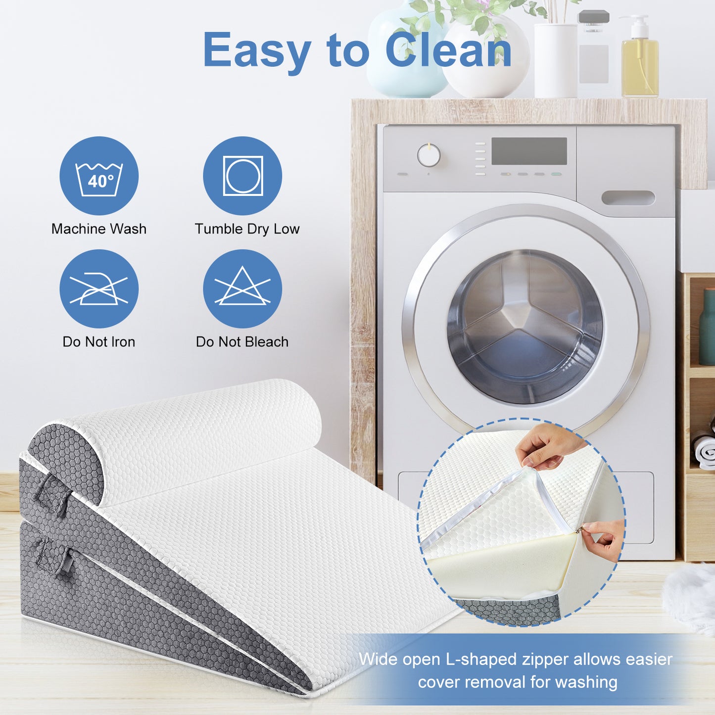 KAIPARA Cooling Wedge Pillow Set, 3-Piece Adjustable Memory Foam Bed Wedge Pillow for Sleeping - Acid Reflux, Snoring, Neck Pain and Back Pain, White and Grey
