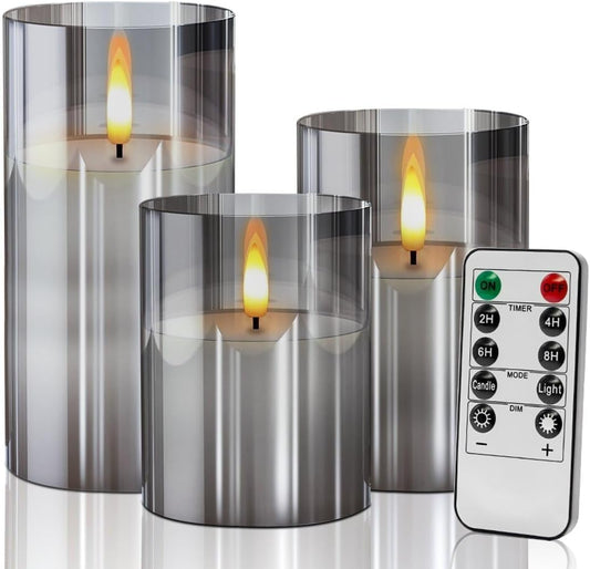 LOFTER-Pro Grey Flickering Flameless Candles, Battery Operated LED Pillar Candles with Remote and Timer, Candles Warm Color Wick for Festival Wedding Bar Cafe Home Party Decor(Set of 3)