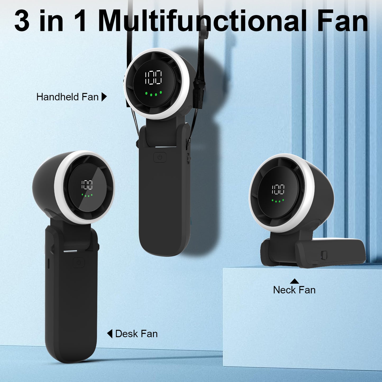 LOFTER-PRO Portable Handheld Fan, Handheld Mini Fan, 3 In 1 Small Pocket Fan with 5000mAh, 100 Speed Wind, 180° Adjustable, USB Rechargeable Foldable Fan, for Travel Outdoor Home Office, Black