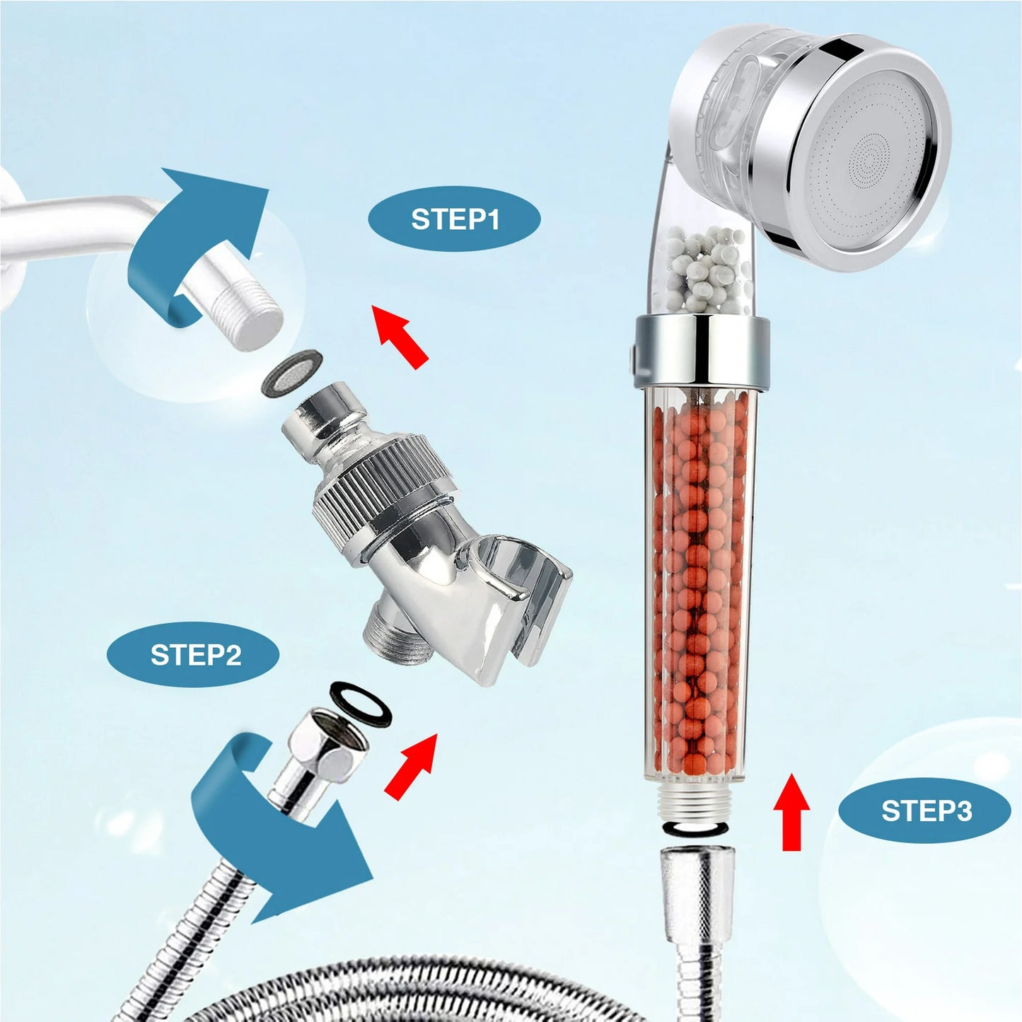 MOONORAH Shower Head, 3-Setting High Pressure Handheld Shower Head with Filter, Reduces Dry Skin and Hair Loss, Multiple Spray Modes Shower Head Kits with 59" Hose and Bracket