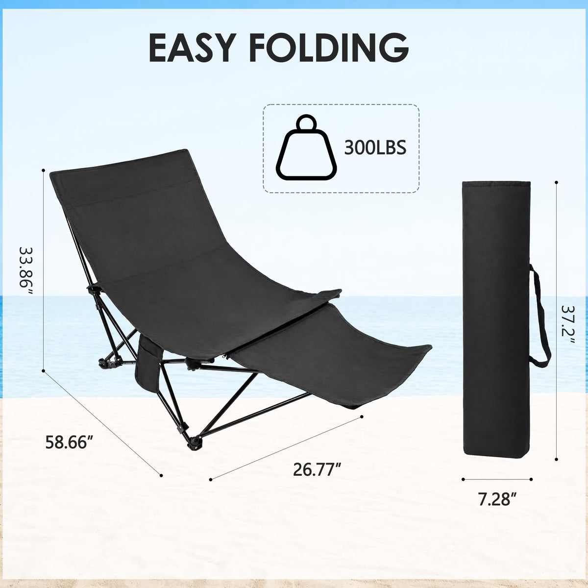 MOONORAH Portable Folding Beach Chair - 4 Position Reclining with Footrest - Black