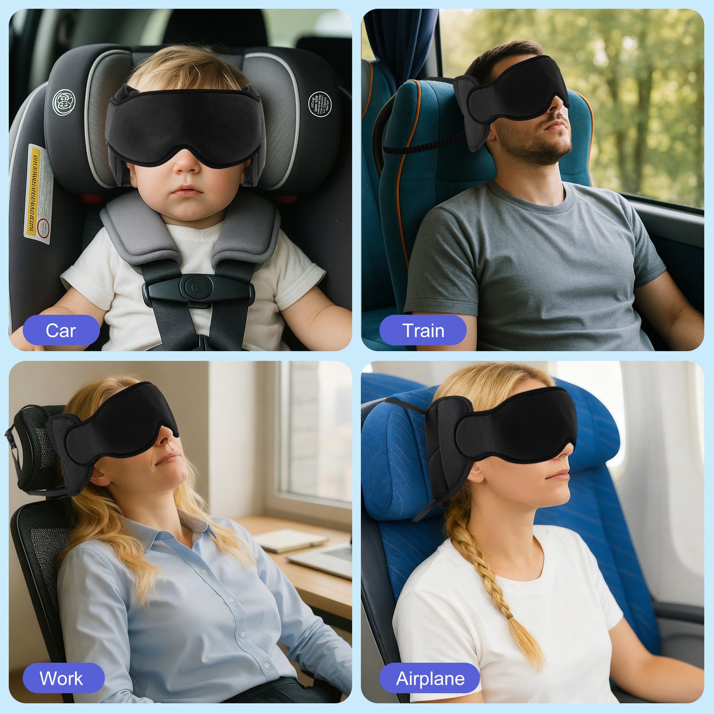 DONAMA Travel Pillow for Airplane, Neck Pillow with 3D Eye Mask & Head Support Strap - 360° Ergonomic Support for Airplanes, Flights, Car Travel -Stop Shaking Your Head ,Black