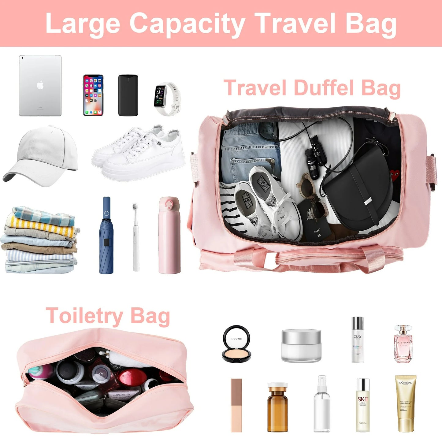 Onekawa Gym Bag 35L for Men & Women -Travel Duffel Bag , Waterproof Sports Duffel Bag with Toiletry Bag, Foldable Travel Backpack for Camping, Yoga, Weekend Trips - Pink