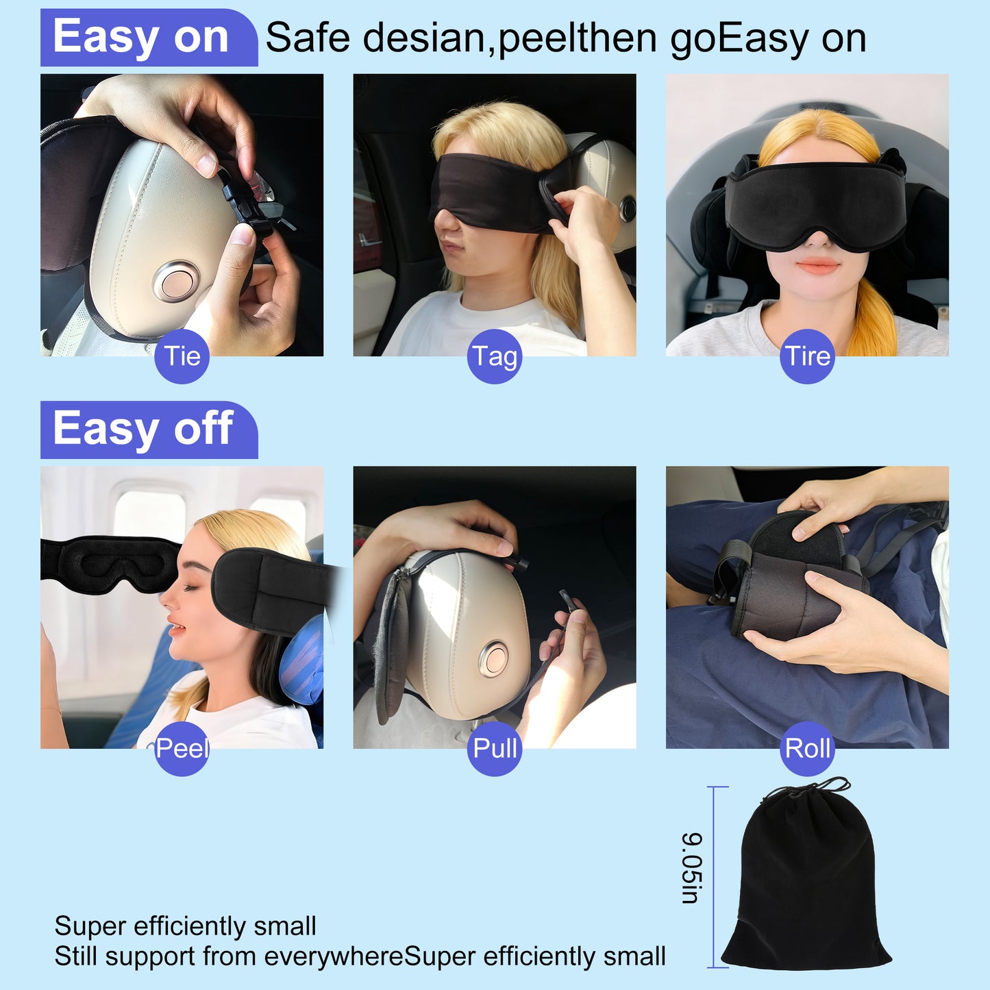 DONAMA Travel Pillow for Airplane, Neck Pillow with 3D Eye Mask & Head Support Strap - 360° Ergonomic Support for Airplanes, Flights, Car Travel -Stop Shaking Your Head ,Black