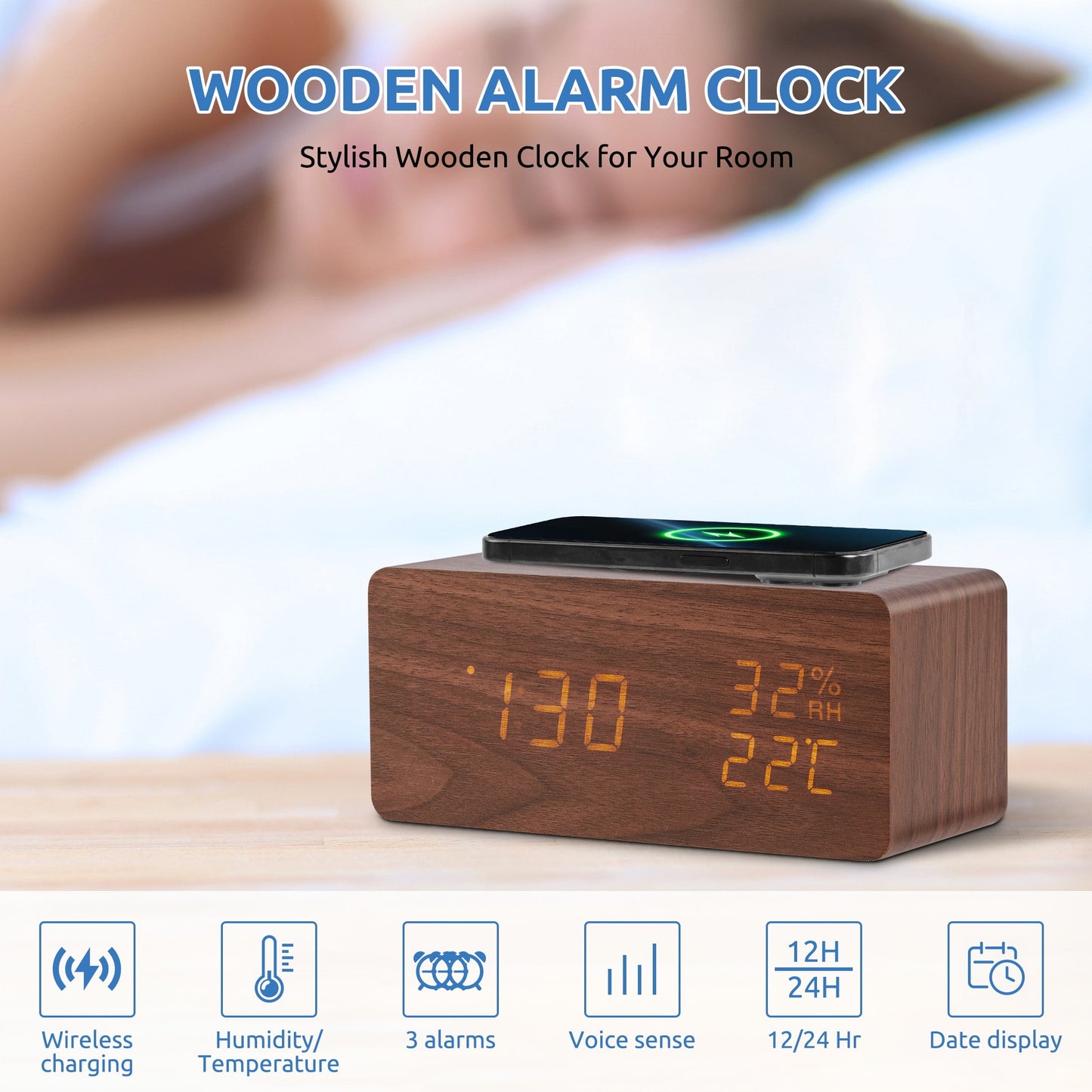 Onekawa Wooden Digital Alarm Clock with Wireless Charging Stylish LED Display for Bedrooms Adjustable Brightness and Voice Control Alarm Clock Perfect for Desks-Brown