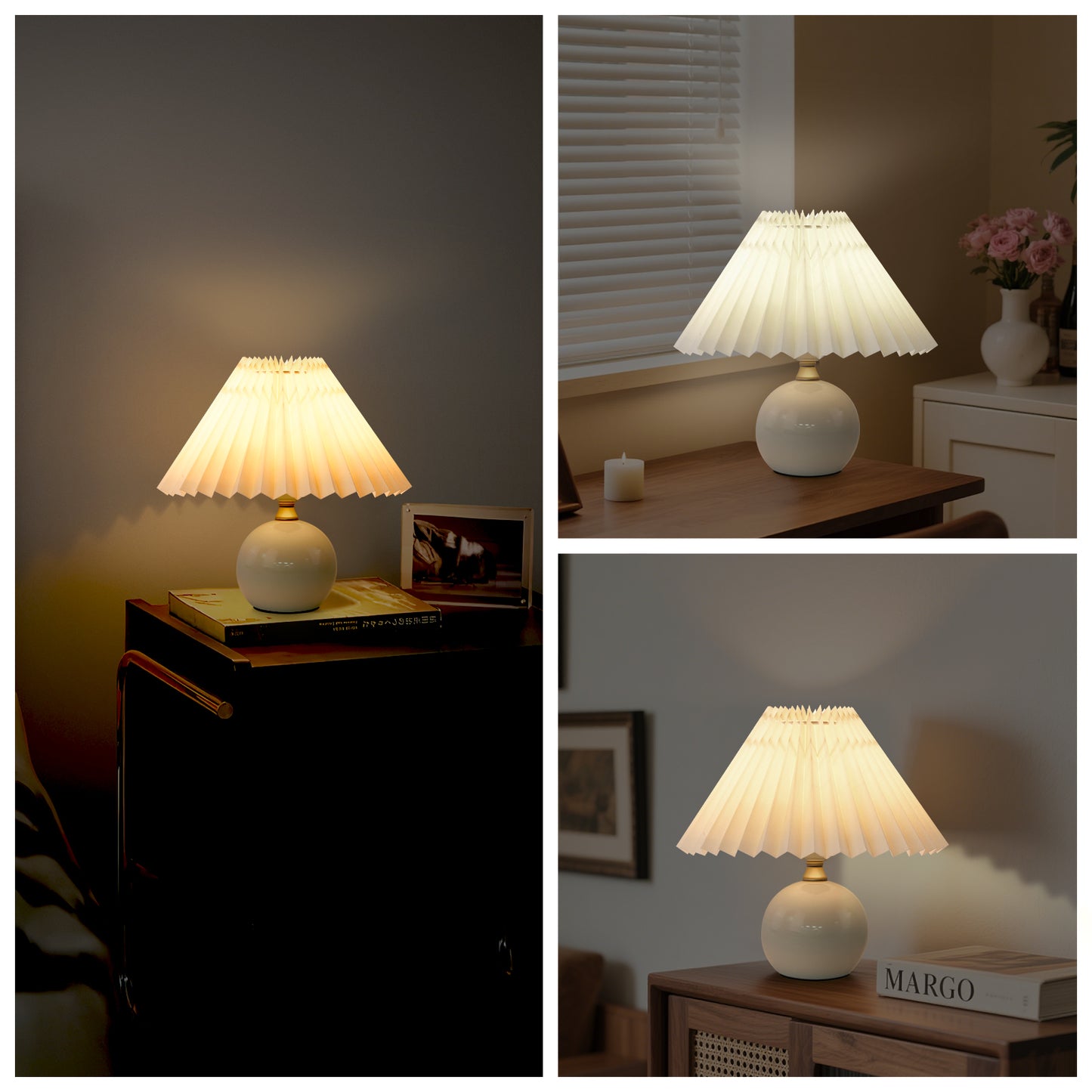 LOFTER-PRO Modern Ceramic Table Lamp for Living Room, Desk Lamps for Bedroom Pleated Fabric Bedside Nightstand Bedside Lamp Table Lamps, Beige