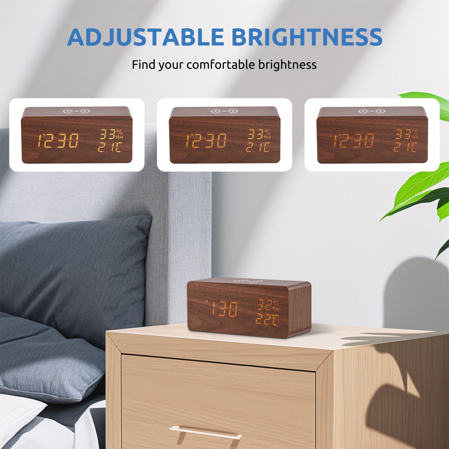 Onekawa Wooden Digital Alarm Clock with Wireless Charging Stylish LED Display for Bedrooms Adjustable Brightness and Voice Control Alarm Clock Perfect for Desks-Brown