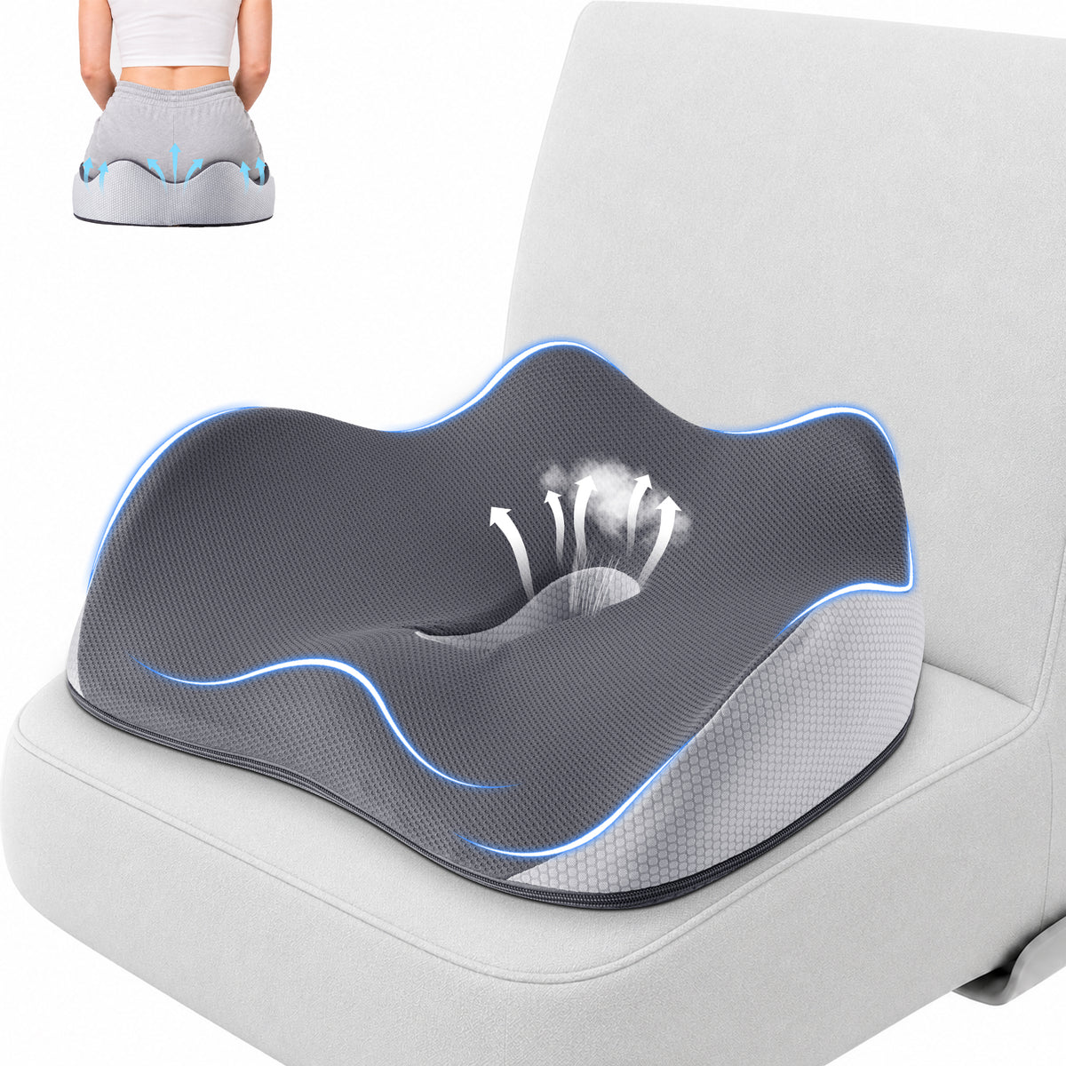 WANALIT Seat Cushion - Ergonomic Memory Foam for Sciatica and Tailbone Relief - Gray
